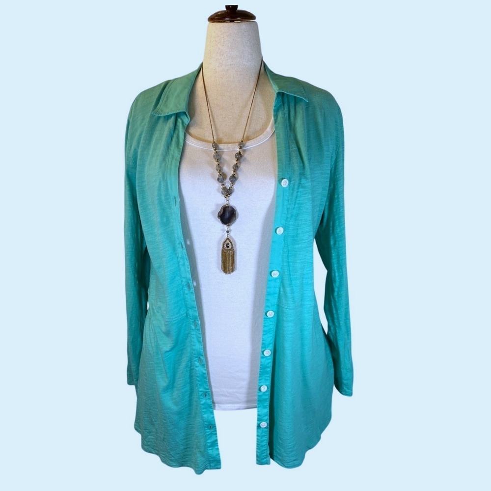 Soft Surroundings Teal Slub Knit Button Down Tunic Shirt Large 2DU32